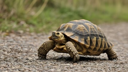 Obraz premium Radiant tortoise walking slowly on a gravel path in the sunshine, perfect for conservation or education