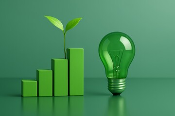 Green energy concept with eco-friendly light bulb and plant growing on bar chart symbolizing environmental growth and sustainability on green background. Ai generative
