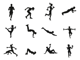  Fitness and exercise people silhouettes on white background