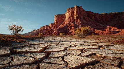 Stunning desert landscape with cracked earth leading to magnificent red rock formations under a clear blue sky
