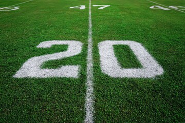 Green Football Field Perspective View Showing White Painted Twenty Number And Boundary Lines
