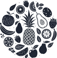 A Circular Arrangement of Stylized Dark Blue Fruits and Leaves