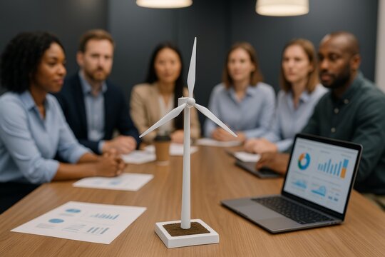 Business professionals discussing eco-friendly wind energy project around table with turbine model and analytics on laptop screen in office setting. Ai generative