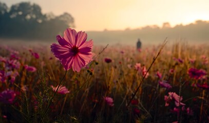Dreamy Vista: Sharp Pink Cosmos Flower in a Misty Field with a Solitary Blurred Figure at Sunrise