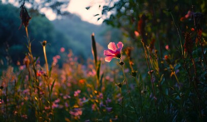Poetic Focus on a Pink Cosmos Flower with a Blurred Solitary Figure in the Golden, Misty Background