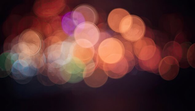 Vibrant bokeh effect featuring soft, circular lights in warm orange, pink, green, and purple hues, creating an abstract and blurred background against a dark, moody backdrop. - Powered by Adobe