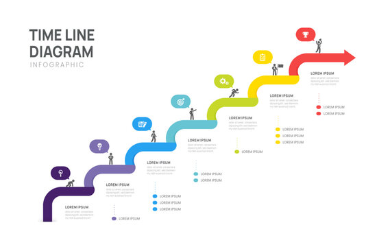 Business roadmap timeline infographic with 7 milestones elements, diagram, and icon vector.