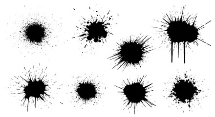 Collection of grunge splatters, isolated ink blots and paint splashes on white background