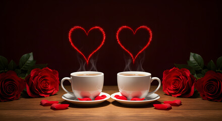 Fototapeta premium couple cups of tea and symbolic heart for Valentine's day