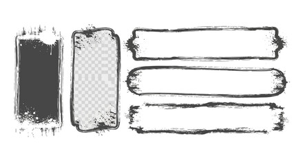 Versatile assortment of hand-drawn black grunge brush stroke frames and textured borders, ideal for adding a raw, artistic, and distressed aesthetic to creative projects
