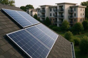 Fototapeta premium Solar panels on residential rooftop near modern apartment buildings surrounded by greenery on a sunny day, symbolizing eco-friendly energy use concept. Ai generative