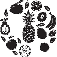 Black and White Silhouette Fruit Collection with Pineapple, Bananas, and Citrus
