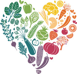 Heart-Shaped Collage of Fresh Fruits and Vegetables in Vibrant Colors