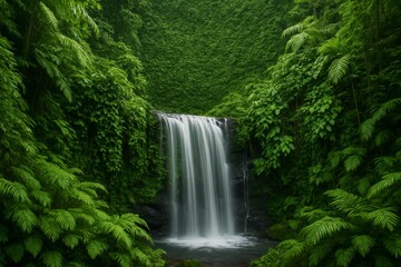 Naklejka premium Lush green jungle waterfall in tropical rainforest surrounded by dense foliage and mist, symbolizing eco harmony and environmental balance concept. Ai generative