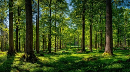Obraz premium Lush Green Forest Scene With Sunlight Streaming Through Trees