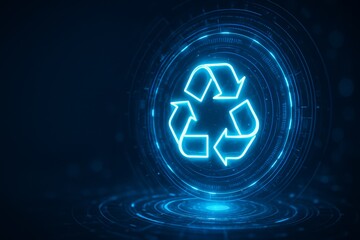 Glowing blue recycle symbol with digital futuristic interface design concept on dark background representing eco-friendly green energy environment idea. Ai generative