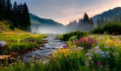 Spectacular Mountain Valley Vista with a Winding River, Mist, and a Foreground of Vibrant Wildflowers