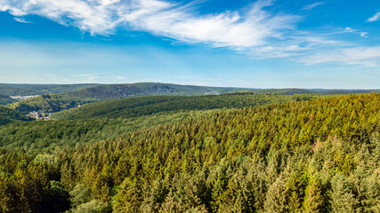 Aerial drone view of Ardennes mountains nature landscape from above, hills and forest on summer