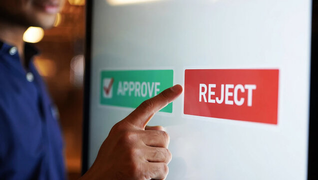 Person touches red reject button on touchscreen display approve decision