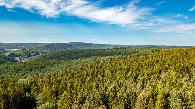 Aerial drone view of Ardennes mountains nature landscape from above, hills and forest on summer