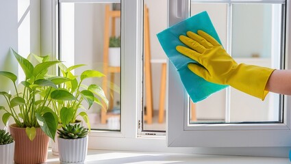 Hand in yellow glove wiping an open window with a turquoise microfiber cloth. Concept of home window cleaning, indoor plant care, and maintaining a tidy, bright interior
