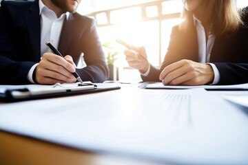A close-up of two professionals in business attire discussing documents during a meeting. One person points while the other takes notes with a pen, indicating active collaboration and analysis.