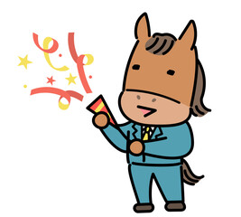 楽しげにクラッカーを鳴らす馬のキャラクター
