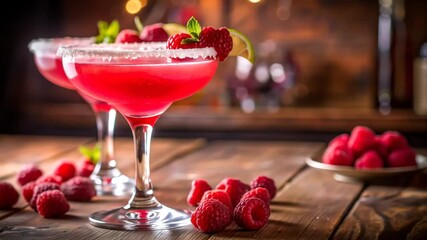 Raspberry cocktails with garnish on wood.