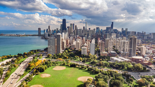Chicago skyline aerial drone view from above, city of Chicago downtown skyscrapers cityscape bird's view from park, Illinois, USA
