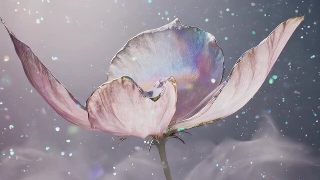 A translucent, luminous flower with iridescent petals and sparkling details, set against a blurred background