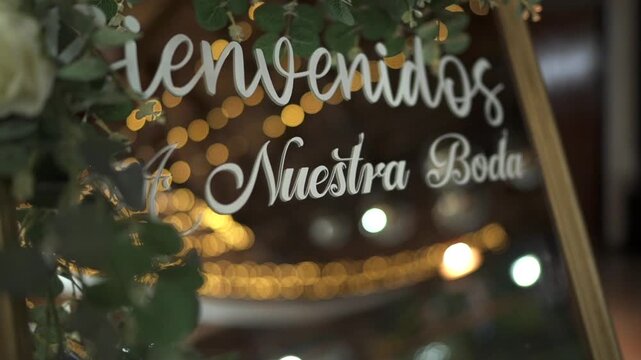 Slow reveal of a &ldquo;Bienvenidos a Nuestra Boda&rdquo; sign framed by white flowers and greenery, with warm ambient lighting creating a romantic welcome, with led light in the background with bokeh effect.