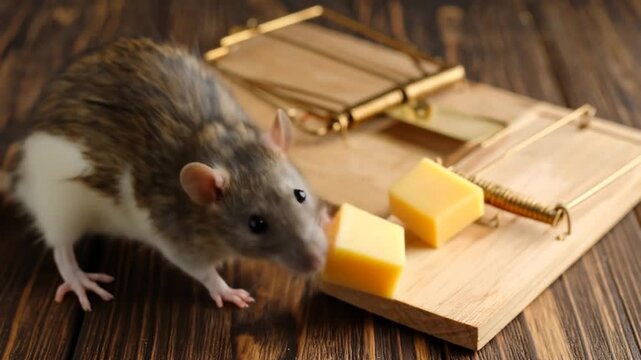 Rat and mousetrap with cheese on wood.