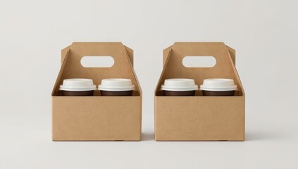Two cardboard beverage carriers, each holding two disposable coffee cups with white lids, are set against a plain, light background creating a symmetrical composition, showcasing a minimalist design.