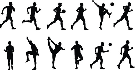 Athletic human silhouettes, running, jumping, ball sports, fitness poses, exercise illustration, black figures, dynamic movement, sports training, physical activity art