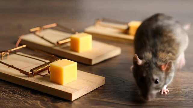 Rat near traps with cheese on wood table.