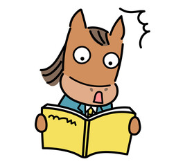 本を見て目を見開く動物のキャラクター
