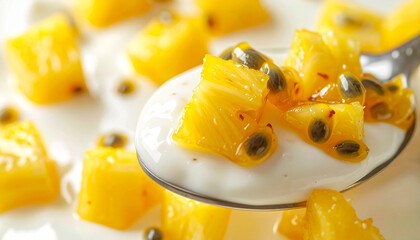 Yogurt with diced pineapple and passion fruit seeds on spoon, macro close-up