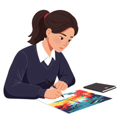 Concentrated Artist Drawing a Colorful Landscape Illustration with Precision