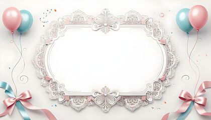A greeting card with balloons and bows, with a lacy frame in the center for congratulatory text. A bright, festive background for greetings and cards.