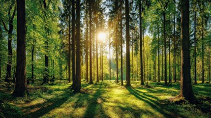 Sunlight Bursting Through Forest Canopy With Trees and Shadows Illuminating Lush Green Foliage