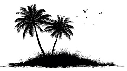 Tropical Palm Trees and Birds Silhouette isolated on white background