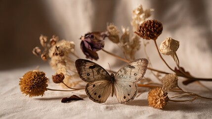 Delicate butterfly rests amidst dried floral arrangements, evoking a serene and natural aesthetic for calm projects.