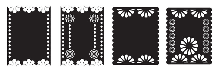 Mexican papel Picado collection with floral template . Design for cinco de mayo event. Cultural Celebrations. Vector illustration. EPS 10