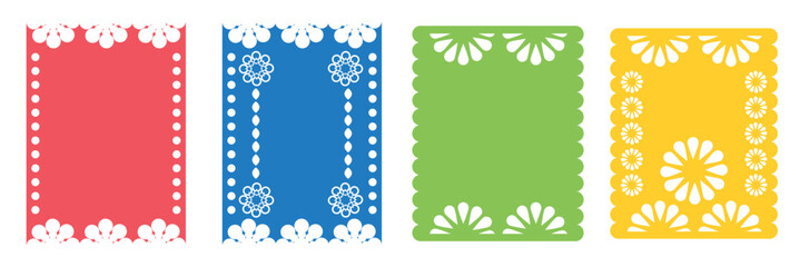 Mexican papel Picado collection with floral template . Design for cinco de mayo event. Cultural Celebrations. Vector illustration. EPS 10