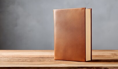 Single Blank Hardcover Book with Brown Cover Standing on a Rustic Wooden Table Against a Moody Background