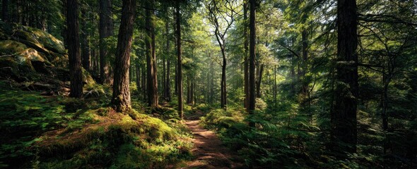 Obraz premium A vibrant forest trail with sunlight streaming through tall green trees and lush vegetation