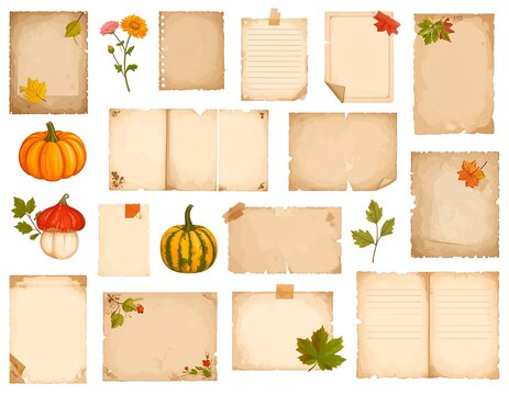 Autumn-themed vintage paper and seasonal elements illustration vector set