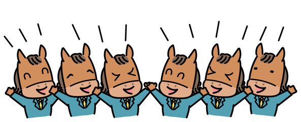 両手をあげて喜ぶ馬のキャラクターたち