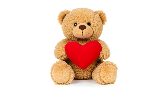 Light brown teddy bear  holding a red heart isolated on white background. Valentine's Day.