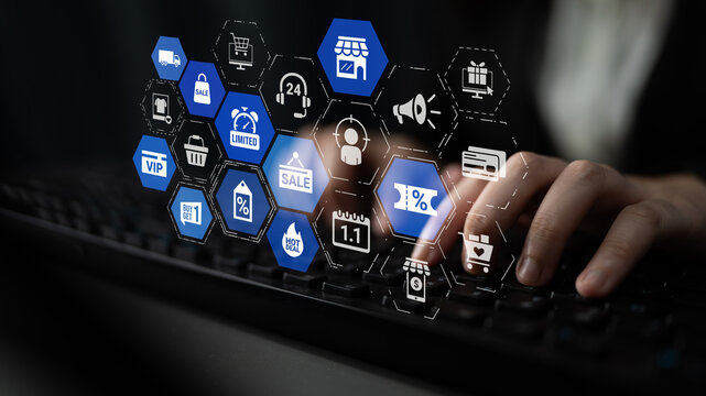 Sale and promotion icons with hot deal, discount tag, shopping bag, limited offer, coupon, VIP card, buy one get one, online shopping, and special event sale. Entice